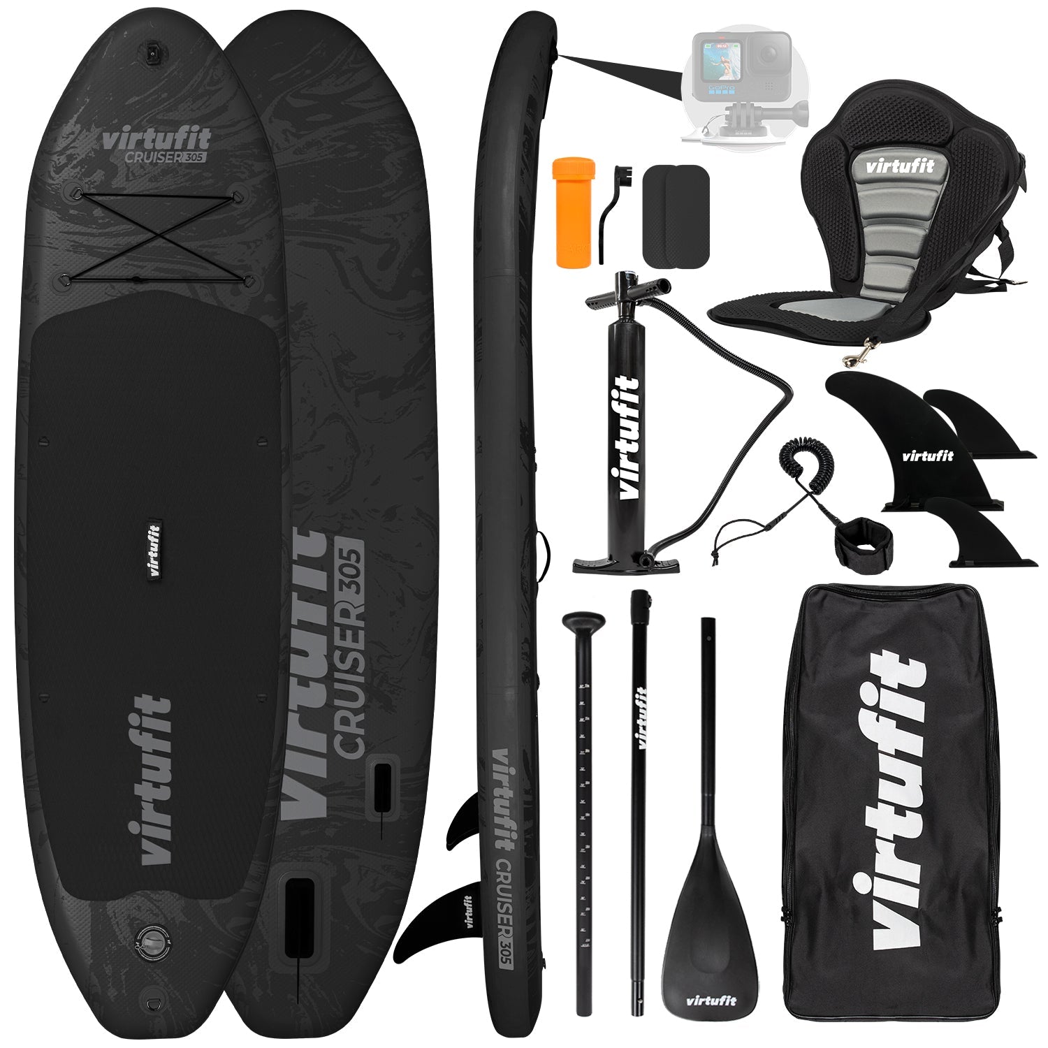 VirtuFit Supboard Cruiser 305 - Zwart - Met Kajak zitje, accessoires en draagtas -Tweedekans