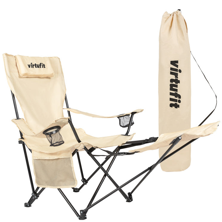 VirtuFit Opvouwbare Camping Stoel met Voetsteun - Strandstoel - Beige - Tweedekans