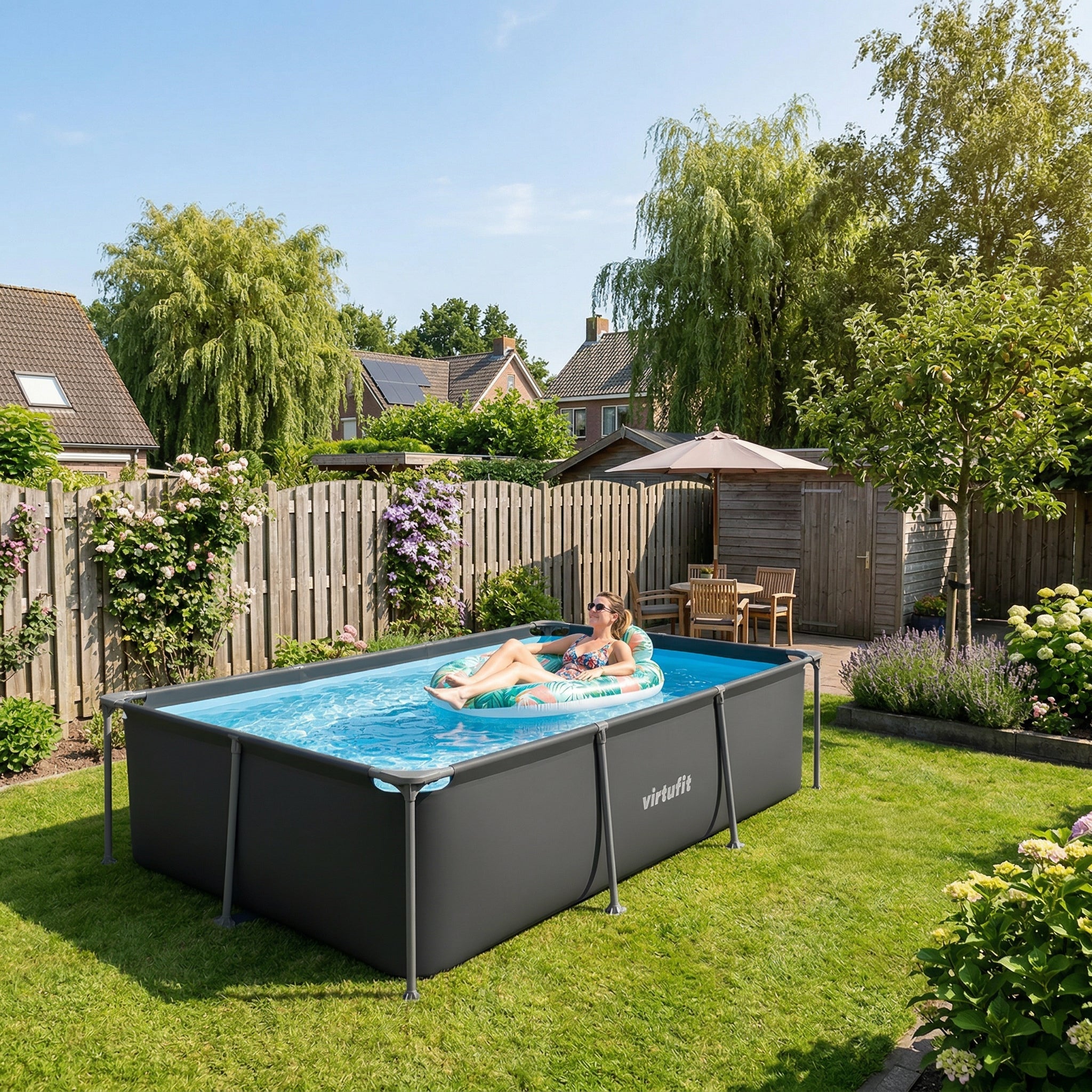 VirtuFit Rechthoekig Zwembad - 260 x 180 x 66 cm - Antraciet - Inclusief Filterpomp