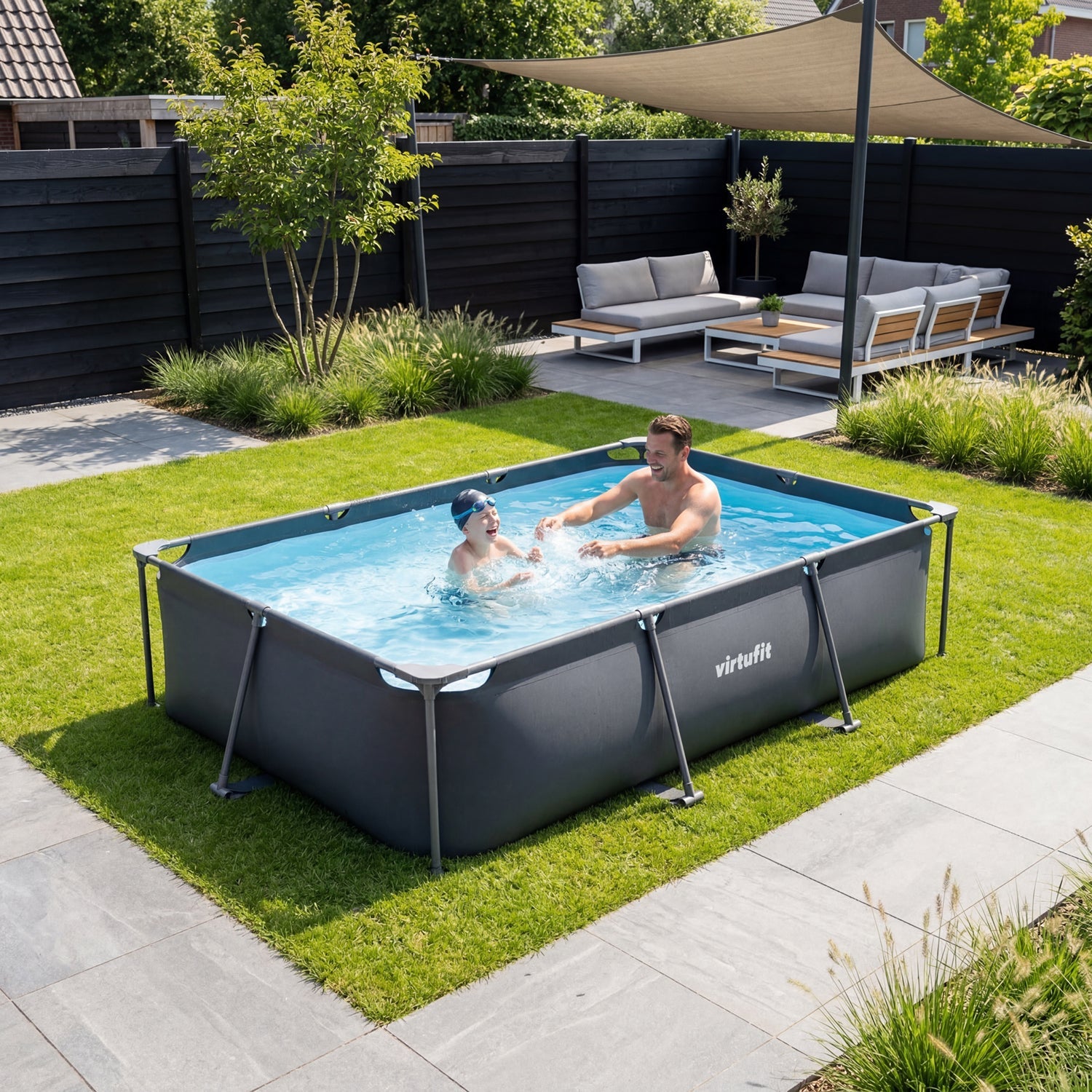 VirtuFit Rechthoekig Zwembad - 300 x 210 x 66 cm - Antraciet - Inclusief Filterpomp