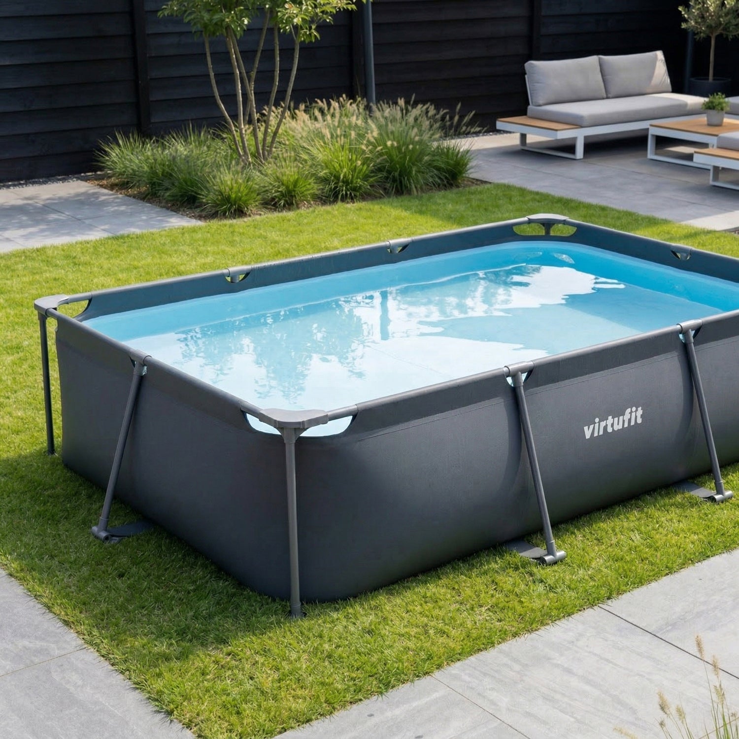 VirtuFit Rechthoekig Zwembad - 300 x 210 x 66 cm - Antraciet - Inclusief Filterpomp