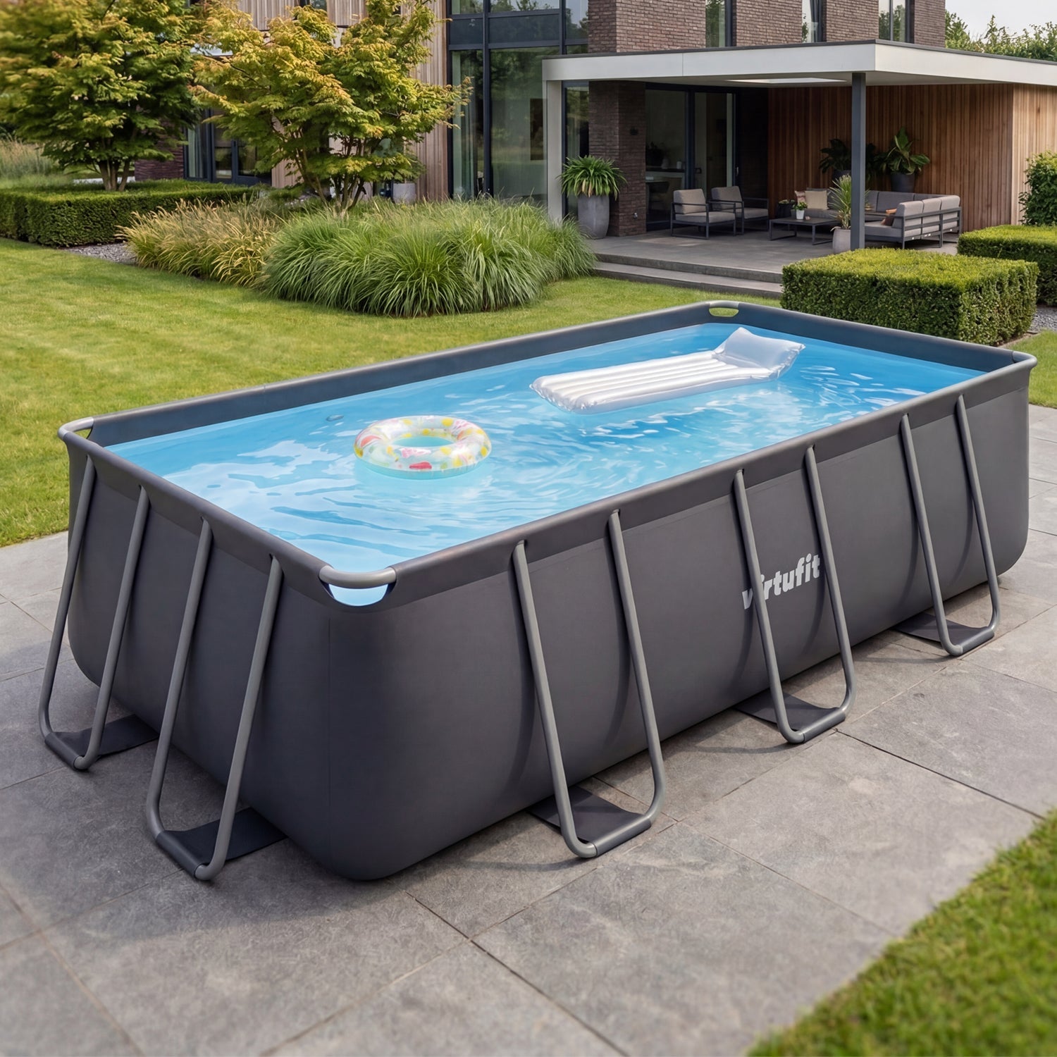 VirtuFit Rechthoekig Zwembad 400 x 200 x 122 cm - Antraciet - Inclusief Filterpomp