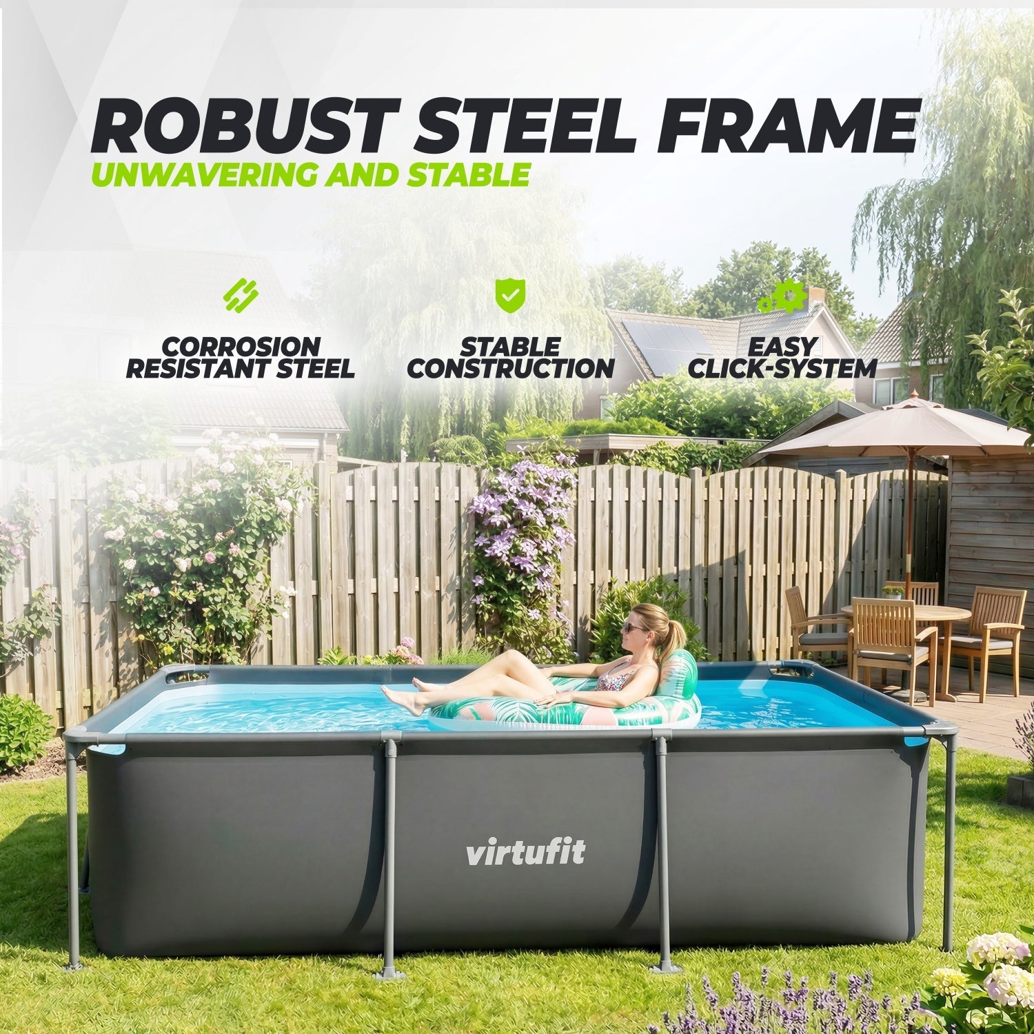 VirtuFit Piscine Rectangulaire - 260 x 180 cm - Avec Pompe De Filtration